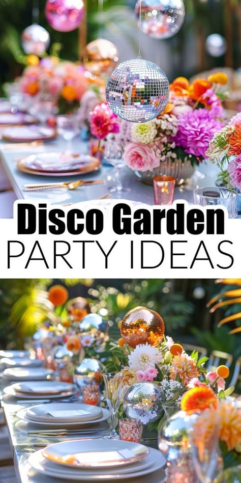 Fun ideas for a disco garden party. Inspiration for your next disco garden party. Halloween Festival Games, Bee Themed Food, Mexican Fruit Table Ideas, Floral Grad Party, Small Garden Party Ideas, Fruit Table Ideas, Disco Garden Party, Party Table Display, Garden Party Table