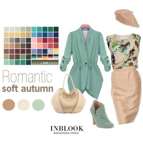 Romantic soft autumn Kibbe Romantic Work Outfits, Soft Autumn Outfits For Summer, Soft Autumn Romantic, Soft Autumn Color Combinations, Soft Autumn Deep, Autumn Color Palette Fashion, Muted Autumn, Soft Autumn Palette, Soft Autumn Color Palette