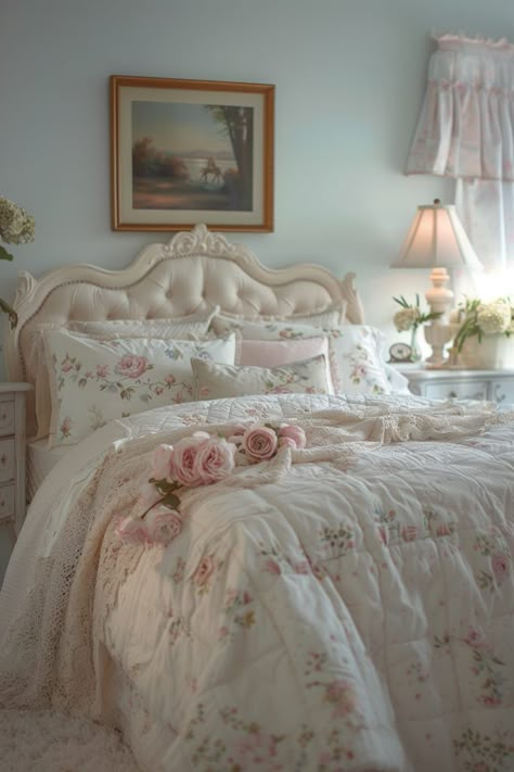 Rose Petal Romance Rose Themed Room, Floral Bed Spread, Soft Pink Princess Aesthetic, Soft Pink Room Aesthetic, Edwardian Room, Feminine Room Ideas, Vintage Feminine Bedroom, Floral Bedroom Aesthetic, Floral Room Aesthetic