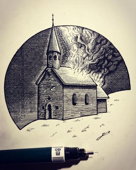 Sky Pen Drawing, Clouds Pen Drawing, Burning Church Tattoo Design, Pen Art Illustration, Burning Church Drawing, Black Pen Landscape Drawing, Fire Concept, Church Sketch, Burning House