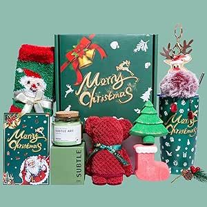 The unique christmas gift basket contains 1 x 20 oz Merry Christmas Insulated Tumbler(with straw),1 x Christmas Tree Bath Bomb,1 x Christmas Stocking Bath Bomb,1 x Bear Shaped Towel,1 x Scented Candle,A Pair of Christmas stockings,1x Christmas Reindeer Keychain,1 x Christmas Pine Cone, 1 x Christmas Gift Box.1 x Christmas Greeting Card.(We have a blank greeting card is included, and you can write your blessing freely. This will be the most mysterious surprise to her) Unique Christmas Gift Baskets, Bath Gifts, Holiday Baskets, Christmas Scented Candles, Gifts For Female Friends, Best Friends Sister, Gift Baskets For Women, Gifts Box, Budget Friendly Gift