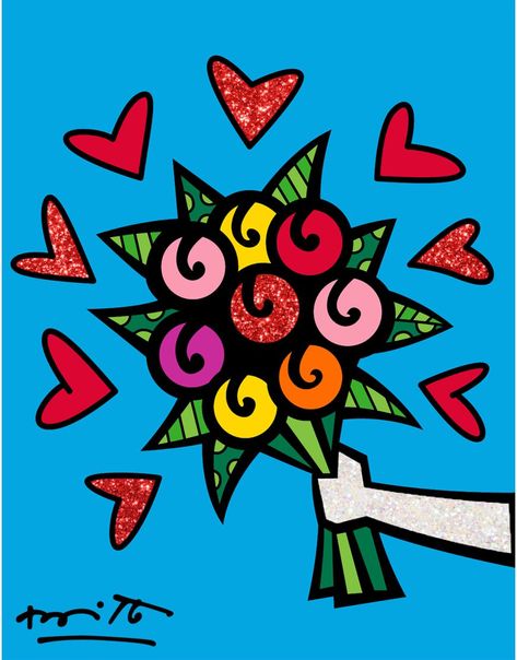 Romero Britto - Flowers Are Forever - 12.7x17.8 cm - Serigrafia digitale su tela - Edizione limitata in 2000 esemplari Romero Britto Art, Britto Art, Easy Doodle, Valentines Art, Easy Doodle Art, Ideas For Painting, Original Art For Sale, Painting Flowers, Painting Class