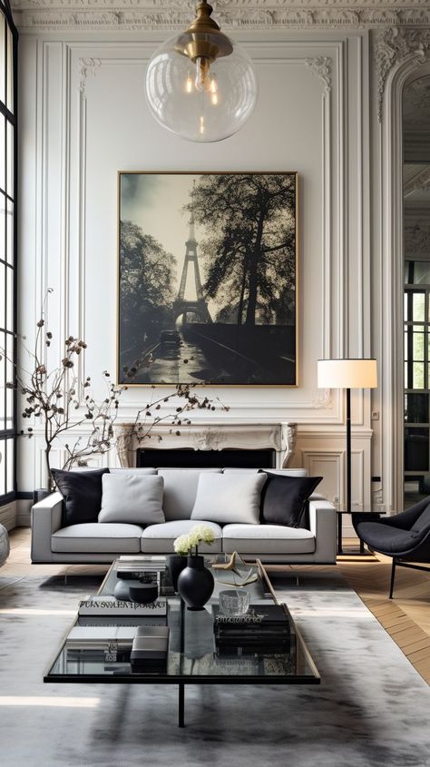 Parisian Interior Design Grey Couch Living Room Ideas, Parisian Style Interior, Dark Grey Couch, Neoclassical Living Room, Dark Grey Couch Living Room, Parisian Interior Design, Couch Living Room Ideas, Mansion Living, Wall Art Decor Bedroom