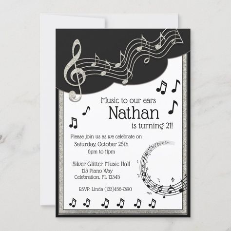 Glitzy Black & White Musical Notes Birthday Invitation Zazzle Music Note Party, Bd Ideas, Silver Invitation, Glitter Invitations, Music Birthday, Glitter Birthday, Black Invitation, בר מצווה, Musical Notes