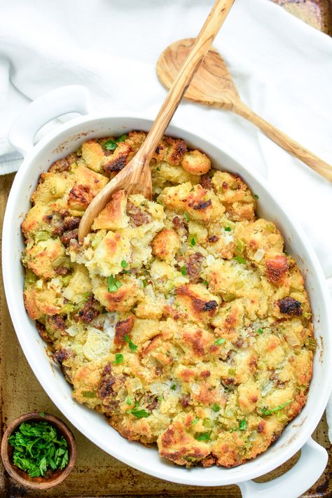 Focaccia, Cornbread and Andouille Sausage Stuffing: A Thanksgiving dinner must-have! Stuffing Focaccia, Sourdough Stuffing, Thanksgiving Menu Planning, Sausage Stuffing, Thanksgiving Stuffing, Andouille Sausage, Stuffing Recipes, Andouille, Sausage Recipes