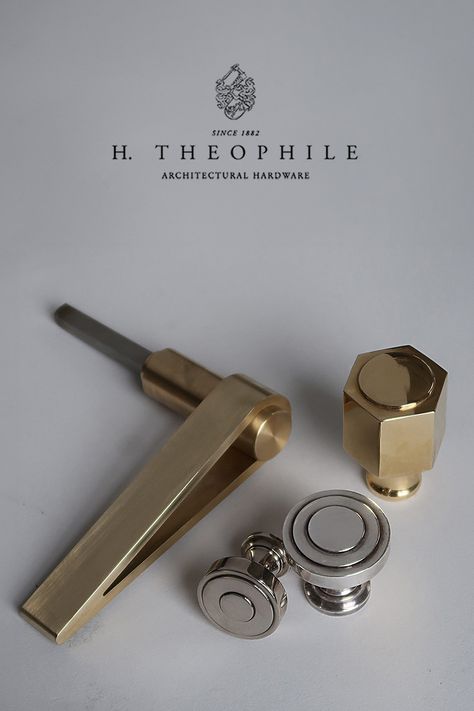 Inspired by Icons. Levers after Jean Royère by H. Theophile.  A unique lever, designed after a Jean Royère piece, is paired here with a complimentary door knob and two cabinet pulls. Well-suited for interior doors, entry doors, kitchen cabinets, pantry doors, closet doors, and french doors. Shown in brass and nickel finishes. Available in a range of finishes. Click through to browse similar unique door knobs, cabinet pulls, and levers in H. Theophile's online catalog. Brass Handles For Main Door, Unique Door Knobs, Mortise Handle, Kitchen Cabinets Pantry, Store Display Design, Main Door Handle, Hardware Ideas, Interior Door Hardware, Doors Entry