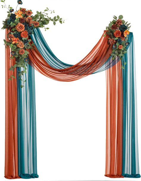 COLOR INSPIRED: Create a warm forest and cool shades atmosphere with the teal and orange inspiration of dark teal & burnt orange. Capture your unique vintage wedding ceremony backdrop decorations with Ling’s exquisite wedding arch flowers kit. FIT ON ARCH: Tailored for decorating 5' W x 6'5" H arch stand as photography show. Floral swags curve hanging on the arch, measuring about 3.6ft L x 1ft W and 2ft L x 0.82ft W. Rustic Teal Wedding Decor, Teal And Burnt Orange Wedding Flowers, Black And Dark Teal Wedding, Burnt Orange And Dark Teal Weddings, Fall Wedding Arches Indoor, Black Burnt Orange Wedding, Dark Teal And Rust Wedding, Groovy Wedding Decor, Fall Wedding Arch Flowers