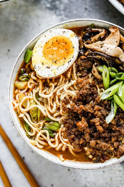 Pork Miso Ramen - Cooking for Keeps Miso Soup Ramen, Pork Ramen Recipe, Hoisin Pork, Miso Broth, Pork Ramen, Shoyu Ramen, Soup Ramen, Beef Lettuce Wraps, Ramen Bowls