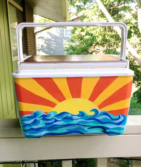 Beach Cooler Painting, Painted Coolers For Guys, Cooler Painting Ideas, Painted Coolers, Hand Painted Coolers, Painted Fraternity Coolers, Cooler Connection, Custom Cooler, Formal Cooler Ideas