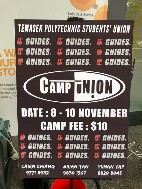 This is the recruitment poster for U-Guides Camp. The poster shows balance in vertical symmetry as the words cover the page evenly. The message to recruit sub-committee members to join the camp is clear and the details are printed clearly in bold and centralised for focus. Although I think the camp logo and the choice of having some red was well thought out, it can look messy because of the "U GUIDES." being in a different colour which can draw attention away from the main message. Camp Logo, Recruitment Poster, Graphic Design, 10 Things, Red, Design