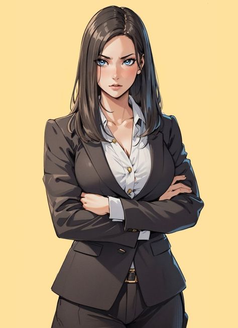 Anime Female In Suit, Anime Boss Woman, Business Woman Character Design, Woman In Suit Drawing, Anime Business Women, Business Woman Anime, Anime Woman In Suit, Anime Suit, Suit Drawing