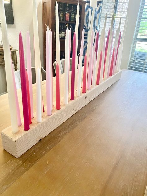 Diy Dinner Candle Holders, Candle Block Centerpiece, Taper Candle Decorating Ideas, Wooden Taper Candle Holders, Taper Candle Centerpiece, Long Candle Holder, Tapered Candle Holder, Tapper Candles, Candle Board