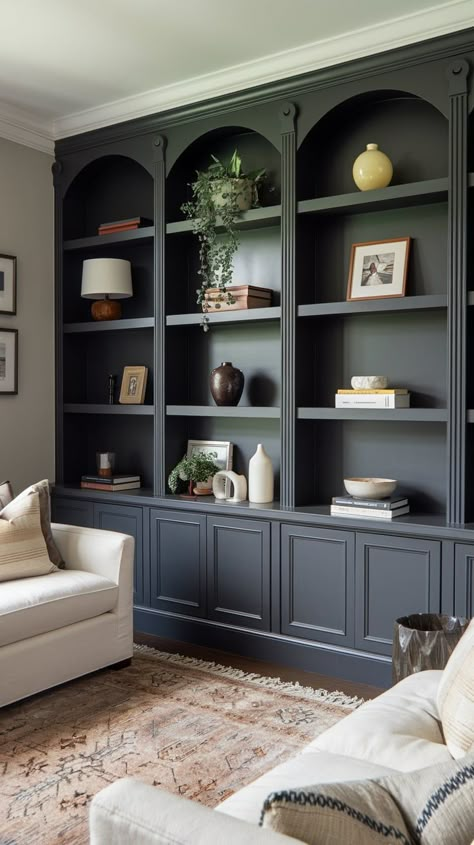 Dark Grey Couch Living Room And Dining Room, Front Room Bookshelves, Dark Builtins Living Room, Black Arch Built In, Gray Built In Bookshelves, Full Wall Shelves Design Living Room, Full Height Built In Bookcase, Dark Gray Bookshelves, Monochromatic Built Ins