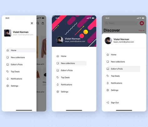 Menu - Navigation UI Mobile Template Mobile App Menu Design, Navigation Bar Design Mobile, App Navigation Design, Mobile Navigation Design, Mobile App Navigation Bar, Mobile Navigation Ui, Menu App Design, App Menu Design, Mobile App Navigation