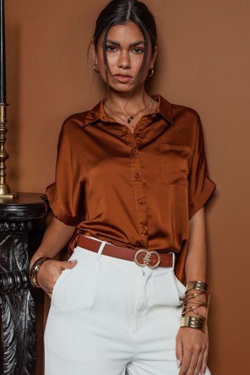 Tops – Page 5 – Hippie-Ki-Yay Boutique Copper Blouse Outfit, Copper Top Outfit, Satin Button Down Shirt Outfit, Satin Shirt Outfit, Silk Shirt Outfit, Satin Button Down Shirt, Blouse Outfit Casual, Church Girl, Mustard Pants