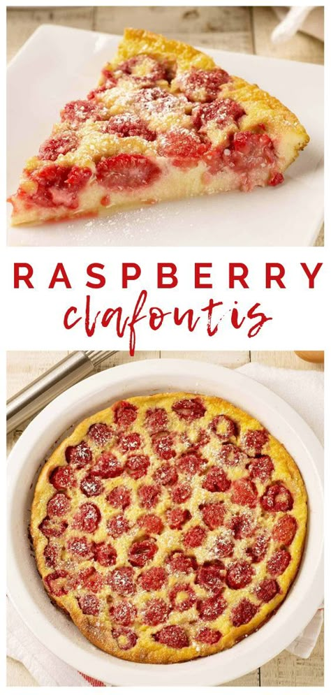 Clafoutis is a rustic, country-style French dessert made by topping fresh fruit with a flour-thickened egg custard and baking it until puffed and golden. Our tried and true recipe works with raspberries or your favorite in-season fruits. #clafoutis #dessert #frenchcuisine #raspberry #mygourmetconnection #recipe Raspberry Clafoutis Recipe, French Recipes Authentic, Clafoutis Recipe, Clafoutis Recipes, Dessert Logo, French Dessert Recipes, Raspberry Recipes, Healthy Recipes Easy Snacks, Egg Custard