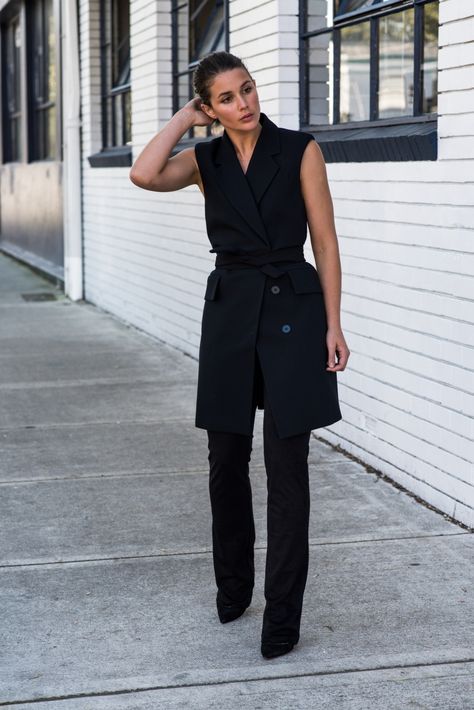 How To Dress Like You Mean Business Vest Outfits For Women Business, Long Black Vest Outfit, Long Vest Outfits For Women, Long Vest Outfit, Black Vest Outfit, Long Black Vest, Waistcoat Outfit, Vest Outfits For Women, Long Waistcoat