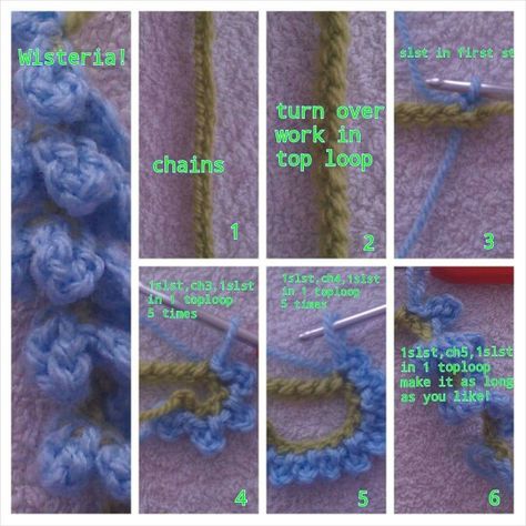 How to crochet wisteria Crochet Wisteria Free Pattern, Crochet Wisteria, Crochet Cosplay, Moss Rug, Wool Dreads, Crochet Plant, Crochet Design Pattern, Fun Crochet Projects, Crochet Instructions