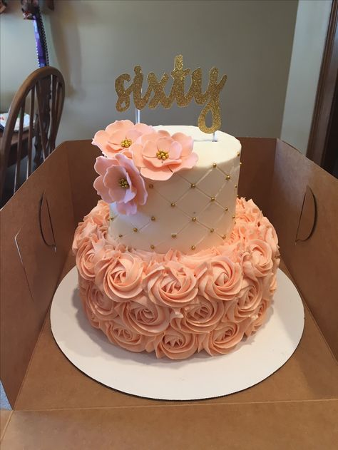 Coral rosette birthday cake Rose Gold And Pink Birthday Cake, 60 Th Birthday Cake Woman, Elegant 18th Birthday Cake, Peach Color Cake Ideas, 50 Birthday Cake For Women Elegant, Simple Rose Gold Cake Ideas, 2 Layer Birthday Cake, Rose Gold Pink And White Birthday Cake, 60th Bday Cake For Mom