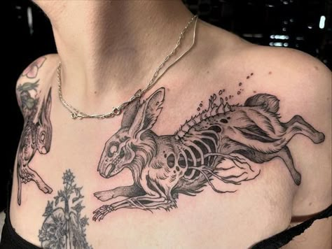 Scary Rabbit Tattoo, Bunny Skeleton Tattoo, Rabbit Skeleton Tattoo, Taxidermy Tattoo Ideas, Rabbit Chest Tattoo, Decaying Tattoo, Bunny Skull Tattoo, Rabbit Skull Tattoo, Jack Rabbit Tattoo