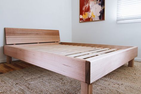 Simple Bed Design, Angled Headboard, Timber Bed Frame, Timber Bed Frames, Timber Bed, Simple Bed Designs, The Minimalists, Timber Beds, Simple Side Tables