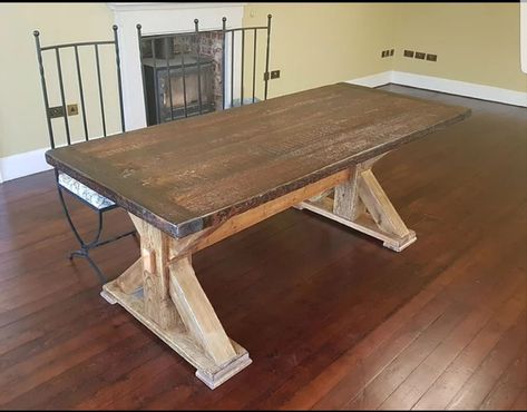 Made from 100% reclaimed timber by our wood finishing specialists Farmhouse Oak Kitchen, Oak Kitchen Table, Country Farmhouse Table, Kitchen Table Oak, Rustic Farmhouse Dining Table, Rustic Tables, Reclaimed Table, Rustic Kitchen Tables, Wooden Benches