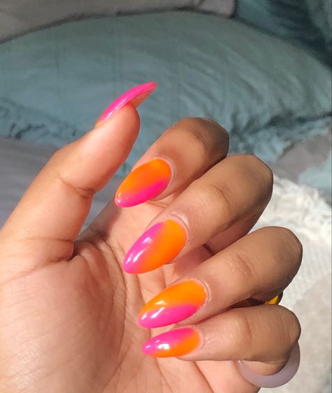 Pink And Orange Tie Dye Nails, Punk And Orange Nails, Orange Pink French Nails, Neon Pink And Orange Nails Summer Colors, Coral And Orange Nails, Neon Orange Pink Nails, Pink Orange White Nails, Fun Orange Nails, Bright Pink And Orange Nails