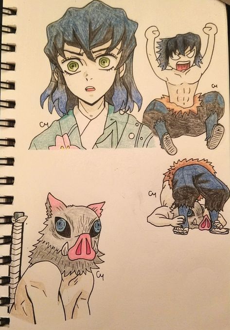 Inosuke Hashibira drawings with color in a sketchbook . Inosuke Sketch, Inosuke Drawing, Sketchbook Drawings, Book Art Drawings, Cool Art Drawings, Demon Slayer, Step By Step Drawing, Character Drawing, Anime Drawings