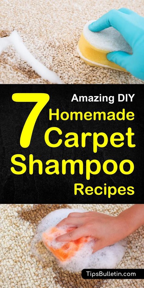 7 DIY Homemade Carpet Shampoo Recipes - including DIY recipes of natural carpet cleaner for light-colored, carpet cleaning machine solution, a homemade citrus-enzyme cleaner, a pets stain odor remover spray and hydrogen peroxide baking soda carpet soak.#carpetshampoo #cleaner #homemade Homemade Carpet Shampoo, Carpet Stain Remover, Baking Soda On Carpet, Cleaning Carpets, Carpet Diy, Clean Baking Pans, Carpet Cleaner Homemade, Carpet Stain, Shampoo Recipe