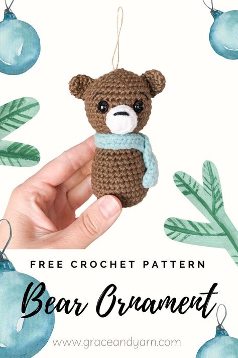 Quick and easy free crochet bear ornament pattern! Holiday Crochet Patterns, Teddy Bear Ornament, Granny Pattern, October Crafts, Crochet Christmas Gifts, Intricate Crochet, Crochet Animal Amigurumi, Crochet Sweaters, Crochet Christmas Trees