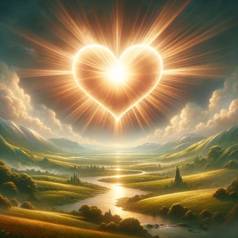 An ethereal and heartwarming image representing unconditional love. The scene includes a vast, serene landscape under a radiant sky. In the center, a large heart symbol, glowing with a warm light, symbolizes the boundless and pure essence of love. Around the heart, gentle rays of light extend outward, touching everything in the scene. The landscape features lush green meadows, tranquil rivers,... Love And Light Images, Spiritual Light Images, Love In Bible, Ethereal Images, Nautical Bedroom Ideas, Jesus In Lights, Spirtual Connections Art Love, Heart Shaped Nature Image, Pure Of Heart