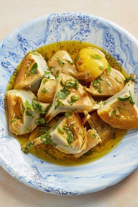 Carciofi alla Romana Recipe – Roman Marinated Artichokes - Great Italian Chefs Italian Artichokes Recipes, Artichoke Italian Recipes, Great Italian Chefs Recipes, Great Italian Chefs, Vegeterian Ideas Italian, Timpano Recipe, Artichokes Recipes, Hungry Monster, Marinated Artichokes