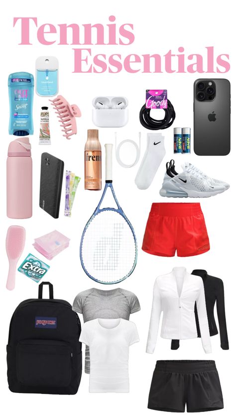 What To Put In Tennis Bag, Tennis Must Haves, Tennis Bag Essentials List, Tennis Bag Essentials, Figure Skating Bag Essentials, Cute Tennis Racket Bags, Tennis Camp, Camping Packing List, Tennis Bag