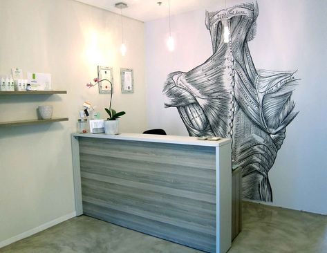 Portfolio | Cara Saven Wall Design Chiropractor Clinic Interior Design, Physio Clinic Interior Design, Physiotherapy Clinic Design, Phisioterapy Design, Physiotherapy Clinic Interior Design, Muscle Wallpaper, Physiotherapy Room, Chiropractic Office Decor, Anatomy Wallpaper