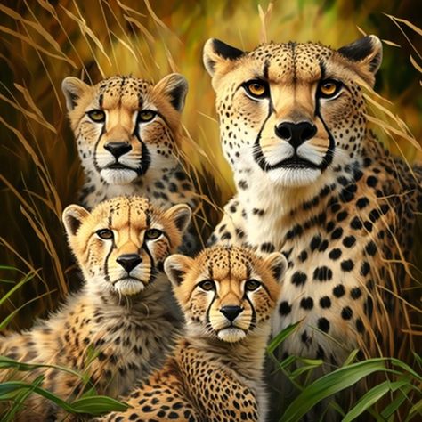 This heartwarming photograph showcases a family of cheetahs in their natural habitat, basking in the warmth of the sun. The mother cheetah stands protectively over her cubs, while the cubs playfully explore their surroundings, practicing the skills they will need to become formidable hunters. The cheetah's spotted coat blends seamlessly with the African savannah, offering the family both protection and camouflage. Cheetah Family, Family Printables, African Savannah, Cheetah Cubs, Spotted Animals, Digital Portraits, Safari Print, Scenery Nature, African Wildlife