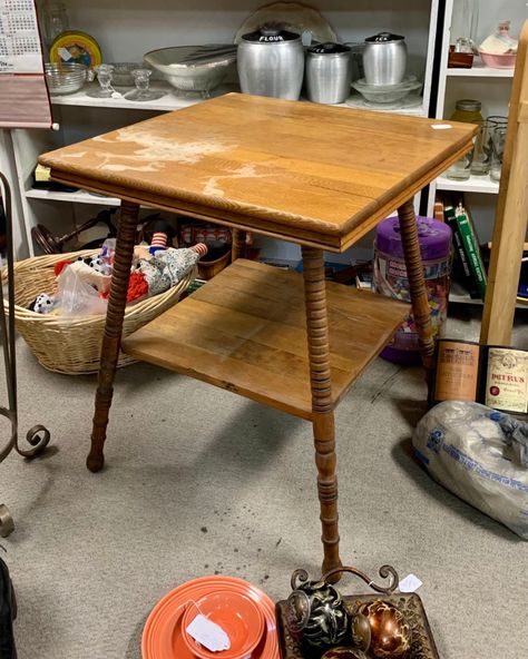 How We Refinished Our Vintage Oak Table | Laine and Layne Refinished End Tables, Alabama Decor, Antique End Tables, End Table Makeover, Parlor Table, Oak End Tables, Antique Side Table, Oak Side Table, Furniture Update