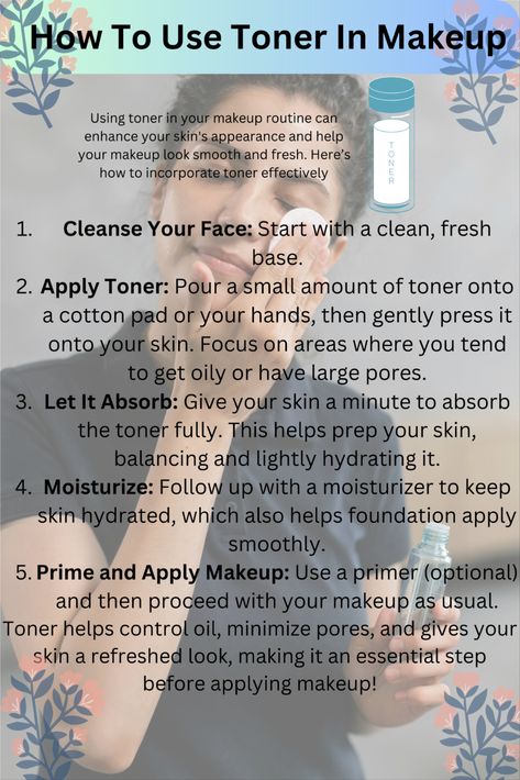 "How to Use Toner in Your Makeup Routine ✨: Start with a clean face, then apply toner to balance, hydrate, and prep your skin for makeup. Focus on the T-zone for oil control and let it absorb fully before adding moisturizer. Perfect for a smooth, even makeup base! #skincareroutine #toner #makeuptips #beautyessentials #skincarehacks #glowingskin #aesthetic #beautyroutine" How To Use Toner, Large Pores, Clean Face, Oil Control, Makeup Base, Oil Control Products, Beauty Essentials, Makeup Routine, Beauty Routines