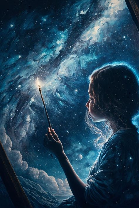 Girl painting a starry sky Magical Sky, Imagination Art, Girl Painting, Jr Art, World Of Imagination, Dream Painting, Magical Life, Lost In Thought, Spiritual Artwork