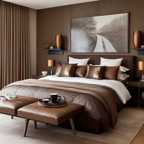 Dark Wood Accent Wall Bedroom, Brown Tone Bedroom, Chocolate Brown Bedroom Ideas, Mocha Bedroom Ideas, Cheetah Room, Wood Accent Wall Bedroom, Chocolate Brown Bedrooms, Mens Decor, Dark Brown Bedrooms