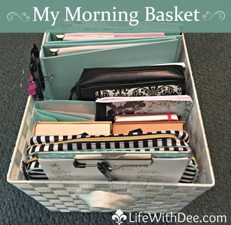 Weekly Planning Basket, Morning Basket For Moms, Sunday Basket File Categories, Morning Routine Basket, Mom Morning Basket, Sunday Basket Categories, Sunday Basket Organizing, Sunday Basket, Morning Basket For Adults