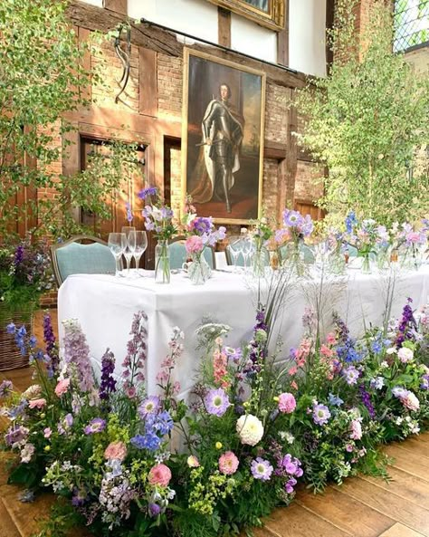 Wedding Top Table Flowers, Top Table Flowers, Wild Flower Arrangements, Whimsical Yard, Wedding Top Table, Hatfield House, Wildflower Wedding Theme, Church Wedding Flowers, Aisle Flowers