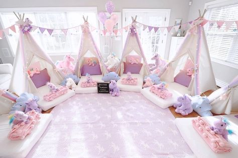 Slumber Party Decorations, Girls Sleepover Party, Glamping Birthday Party, Sleepover Room, Sleepover Tents, Birthday Sleepover Ideas, Glamping Birthday, Kids Party Inspiration, Slumber Party Birthday