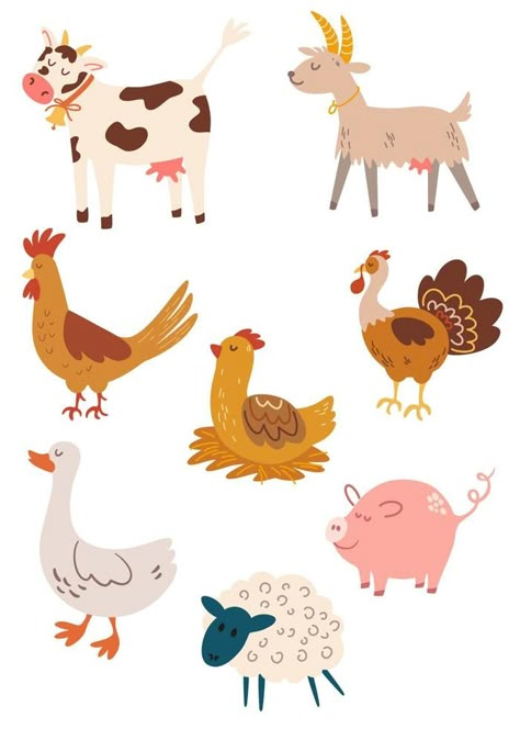 Farm animals. Cow, goat, turkey, rooster, chicken, sheep, goose, pig. Set of farm and countryside. Perfect for printing, logo, logo and product for products. Vector cartoon illustration. Farm Animal Cartoon Drawing, Farm Animals Illustration Design, Cows Illustration, Cow Illustration Cute, Goat Illustration Cute, Cartoon Farm Animals, Farm Animals Drawing, Farm Animal Illustration, Turkey Illustration