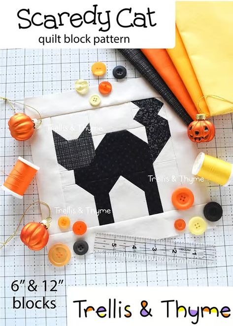 Cat Quilt Block Pattern, Black Cat Quilt, Cat Quilt Block, Crazy Quilt Embroidery, Halloween Quilt Patterns, Mini Quilt Patterns, Halloween Quilt, Quilt Embroidery, Halloween Sewing