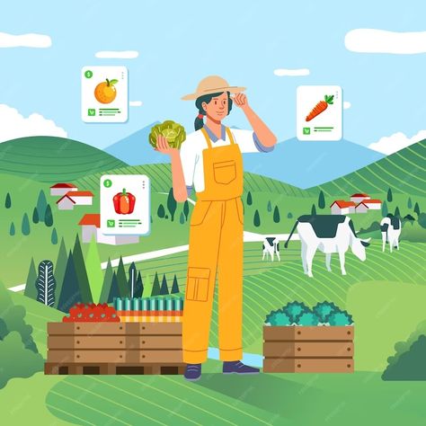 Premium Vector | Contemporary modern farmer show yields his farm with digital app modern agriculture farm landscape Farmer Sticker, Agriculture Illustration, Farm Sketch, Farmer Illustration, Farm Illustration, Farm Vector, Farm Landscape, Modern Agriculture, Modern Farmer