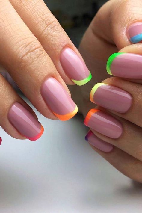 Pigment French Nails, Neon French Nail Designs, Clear Nails With Colored Tips, Neon French Tip Nails Square, Neon French Nails, Cancun Nails, Neon Tips, Classic Nail Designs, Bright Summer Acrylic Nails