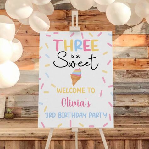 $44.2 | Three Is So Sweet Ice Cream Birthday Welcome Sign - ice cream sweets sprinkles, pink blue yellow, girl girly cute, birthday party, dinner dessert entree, decor decorations, welcome sign easel poster, summer foam board, three is so sweet, third 3rd three 3 Sweet One First Birthday Decorations, Ice Cream 2nd Birthday, Welcome Sign Easel, Sweet One First Birthday, Toddler Birthday Party Themes, Baby First Birthday Themes, Toddler Birthday Party, Ice Cream Birthday Party, Birthday Welcome Sign