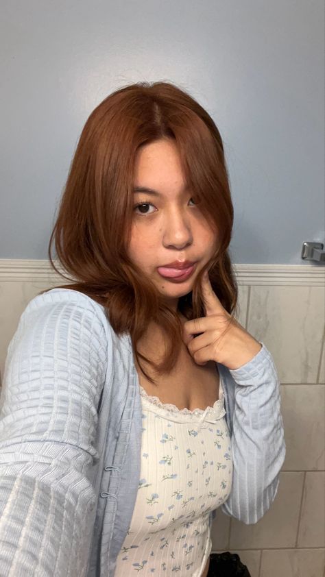 Ginger On Light Skin, Ginger On Brown Hair, Ginger Asian Hair, Asian Copper Hair, Light Brown Ginger Hair, Filipino Hair Color Ideas, Tan Skin Hair Color Ideas, Hair Color For Warm Skin Tones, Tan Asian