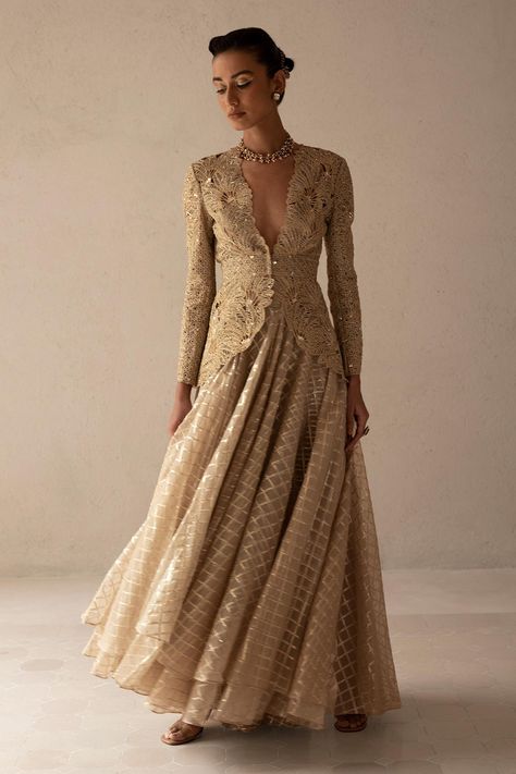 Shop for Varun & Nidhika Beige Metallic Palm Embroidered Jacket And Skirt Set for Women Online at Aza Fashions Palm Embroidery, Beige Lehenga, Western Party Wear, Indian Jackets, Organza Jacket, Jacket And Skirt Set, Circular Skirt, Palm Pattern, Desi Outfits