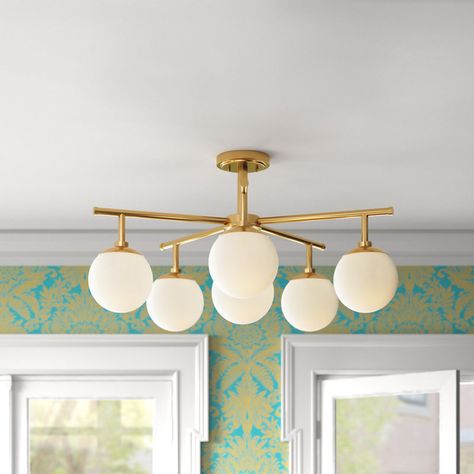 Etta Avenue™ Bainbridge Glass Semi Flush Mount & Reviews | Wayfair Low Profile Chandelier, Off Center Light Fixture, Flush Light Fixtures, House Chandelier, Dining Lights, Geometric Sphere, Mid Century Light Fixtures, Mid Century Modern Light Fixtures, Modern Flush Mount Ceiling Light